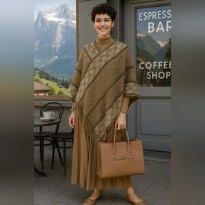 Knit Boho Artisy Grandma Fringe Minimalist Poncho Cover-Up New